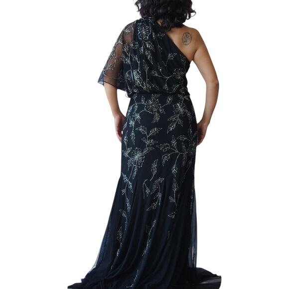 Adrianna Papell One-Shoulder Black Beaded Floral Evening Gown Sz 6 - Picture 7 of 9